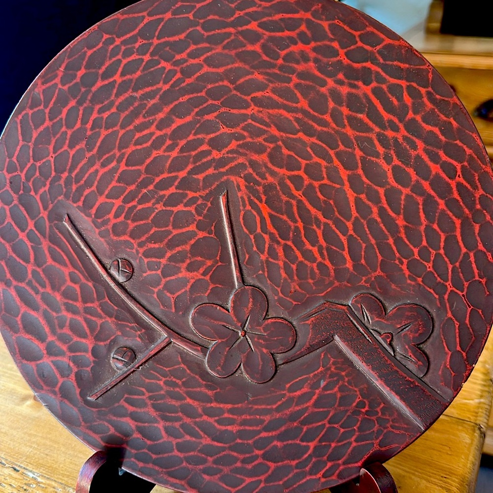 Japanese Kamakura-Bori Red Floral Lacquer Ware, Carved Wood Decorative Plate VTG